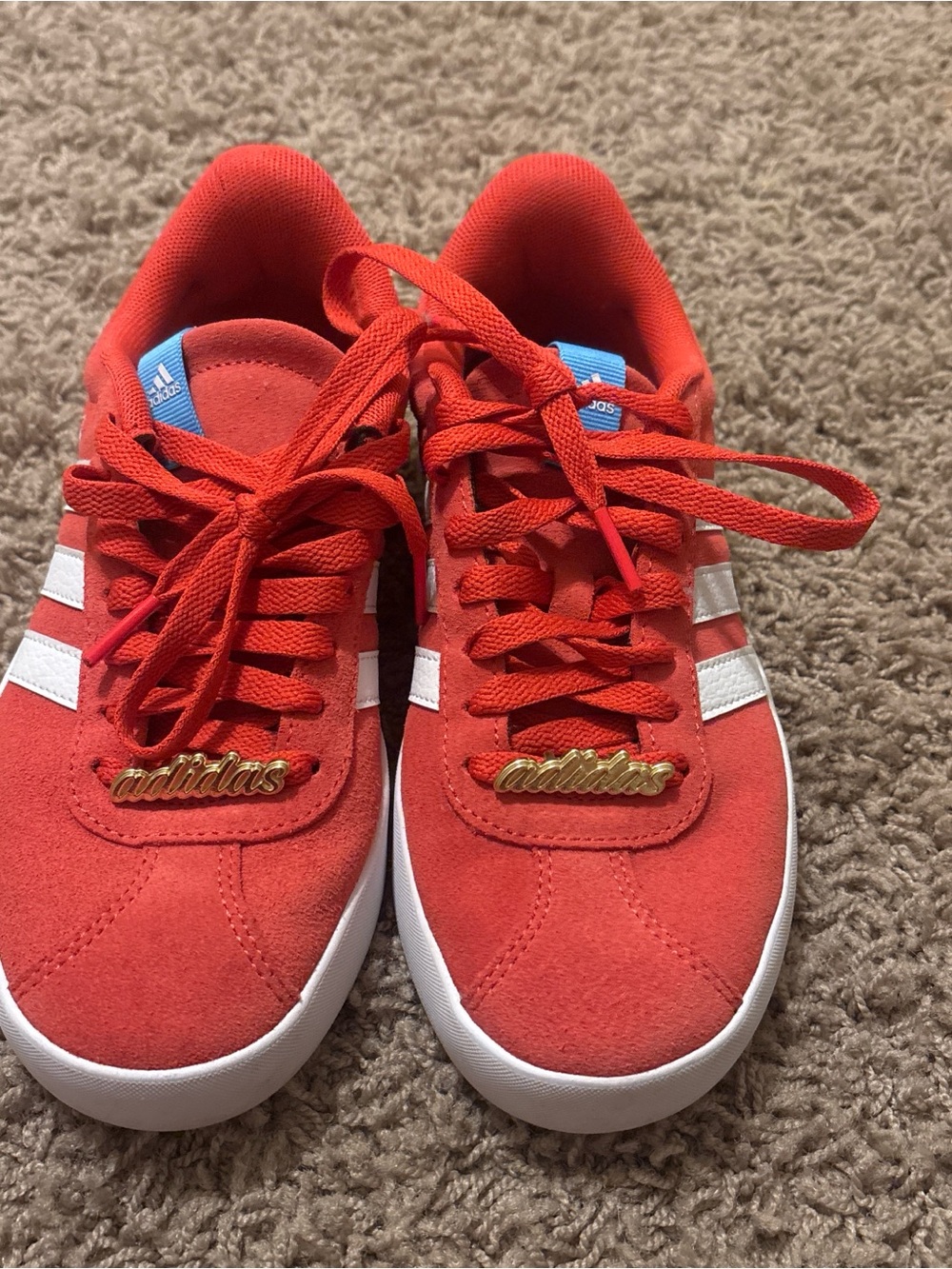 adidas woman Red Suede Sneakers with White Stripes and Gold Logo